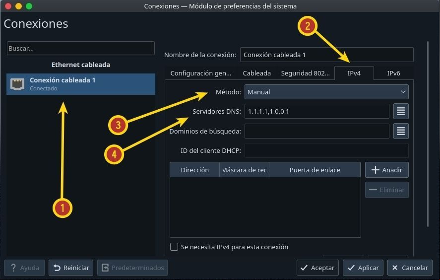 Configurar las conexiones de red kde plasma, IPv4, serivor DNS